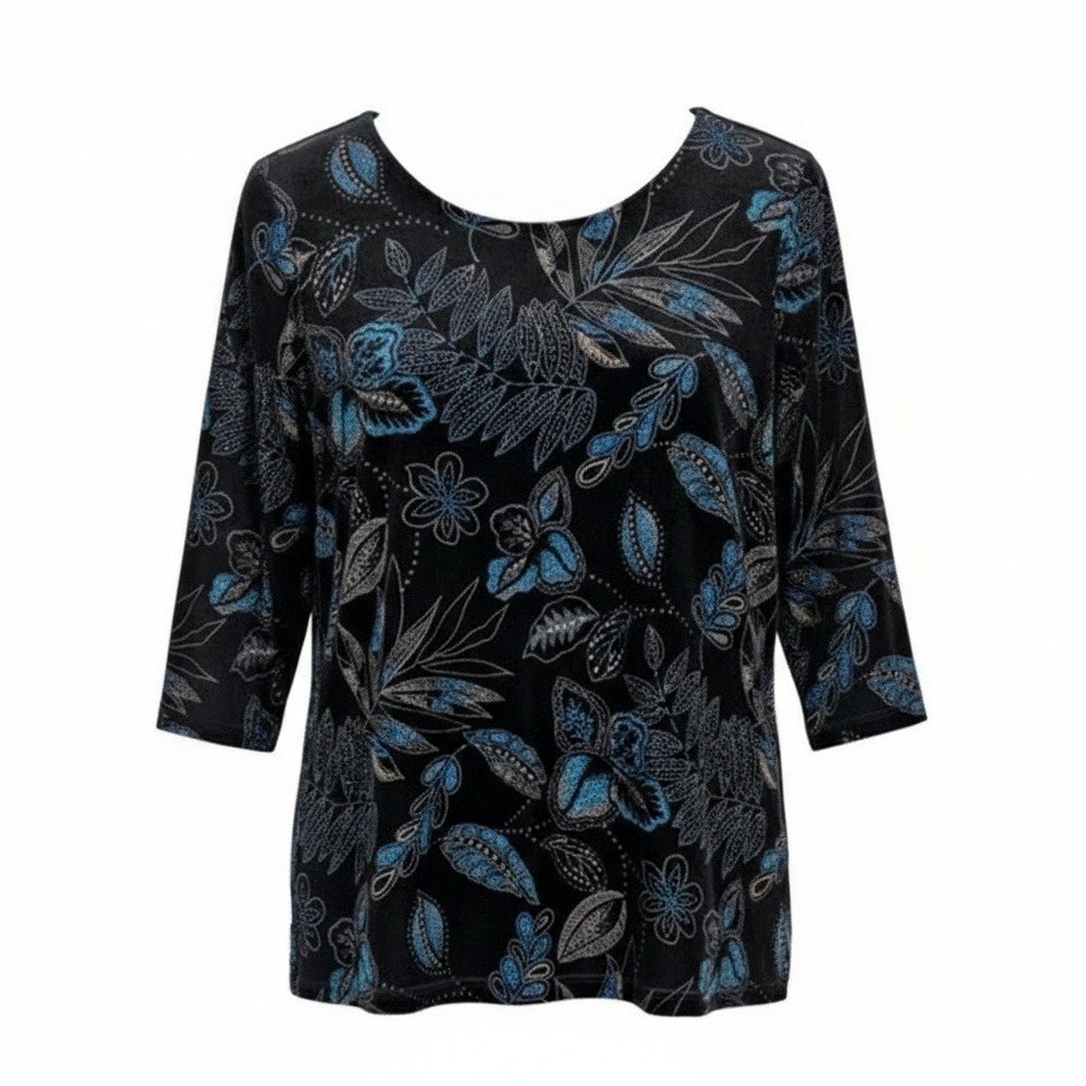Vtg 90s Notations Black Crushed Velvet Glitter Floral Top 1X Y2K Whimsigoth Blue